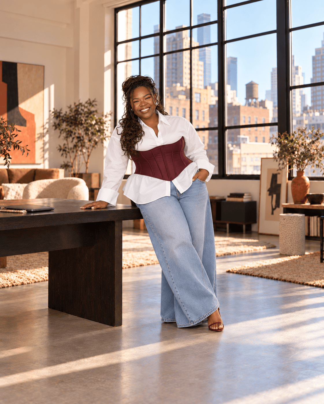 Jovi leaning on a desk in a sunlit NYC loft