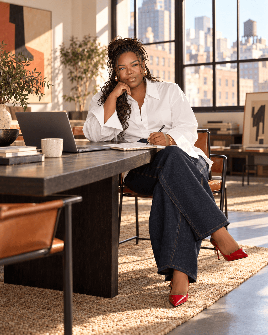 Jovi working at a sunlit desk with a New York skyline behind her